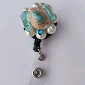 Genuine Shell & Faux Pearls Glitter Lanyard Retractable Reel Badge Holder  OOAK